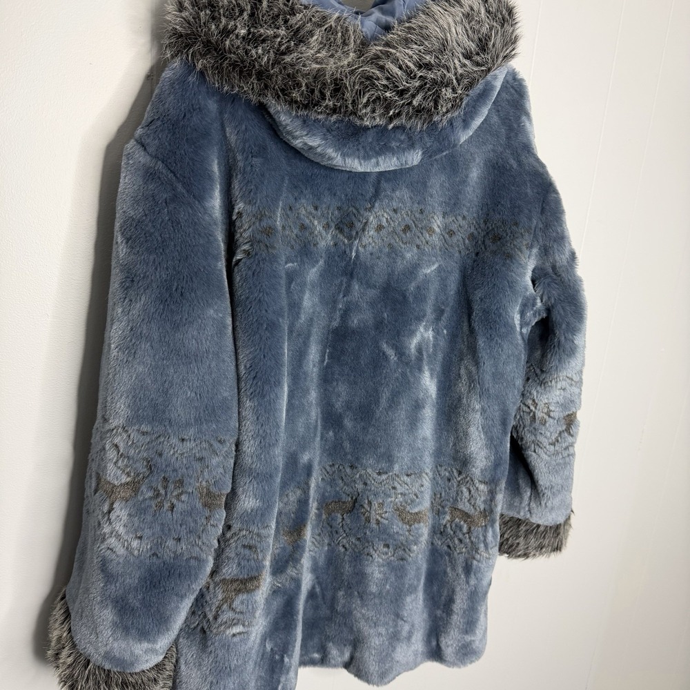 Nordic Lights Coat Womens Large Blue Faux Fur Hooded Fair Isle Reindeer Parka - Picture 9 of 14